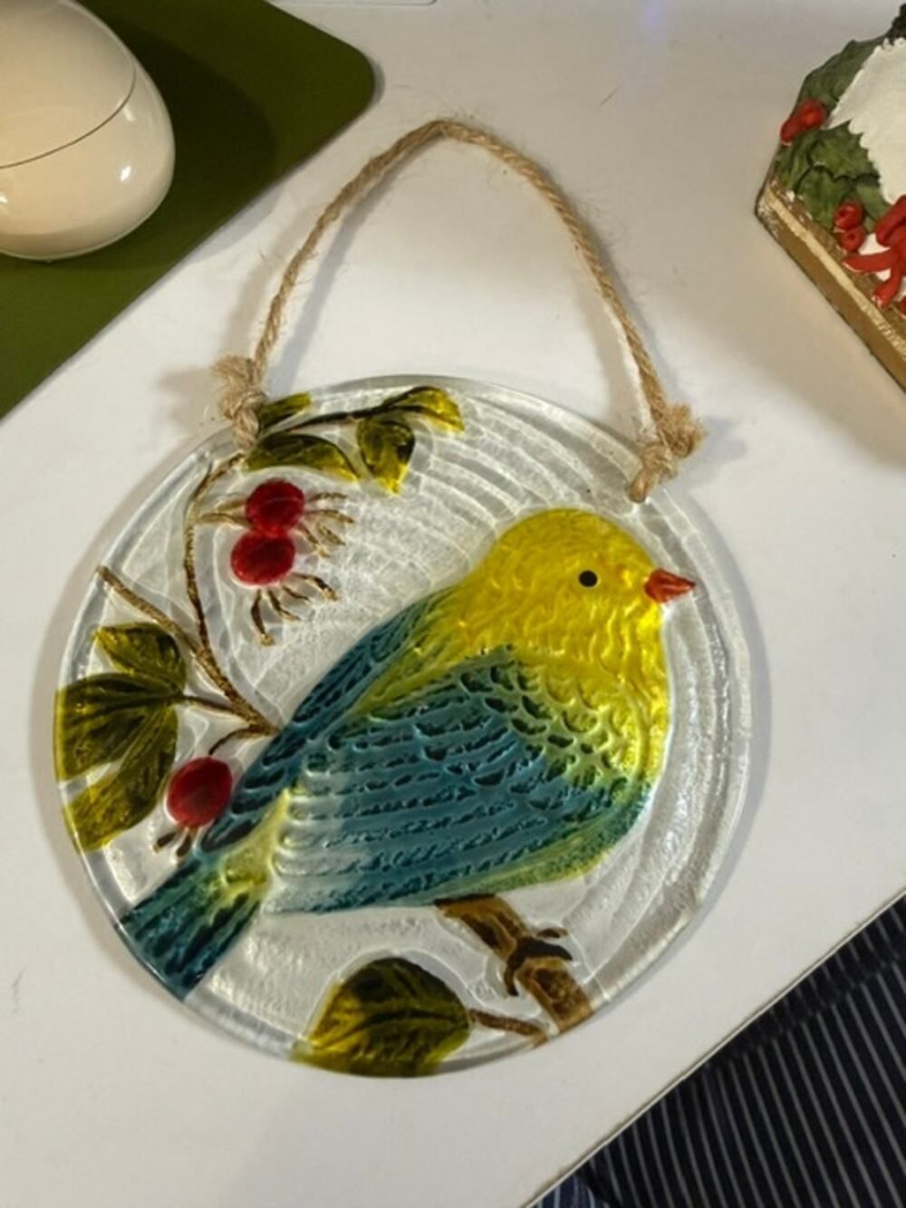 Hand painted Glass Sun Catcher round yellow blue bird on a branch 5.25"
